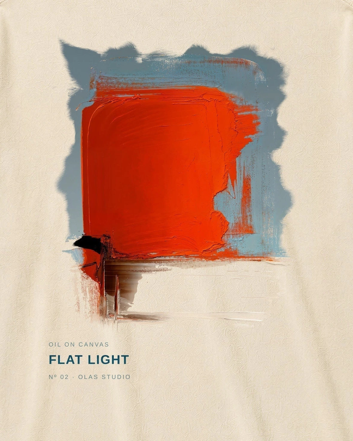 Flat Light artwork detail: a flat orange block over a pale field, framed by blue-gray strokes and a dark scraped mark.