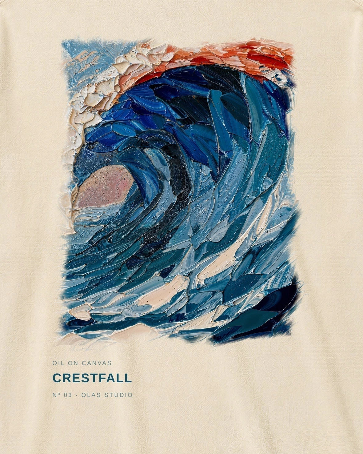 Crestfall artwork detail: a curling blue wave with a cream-white crest and a narrow red edge.