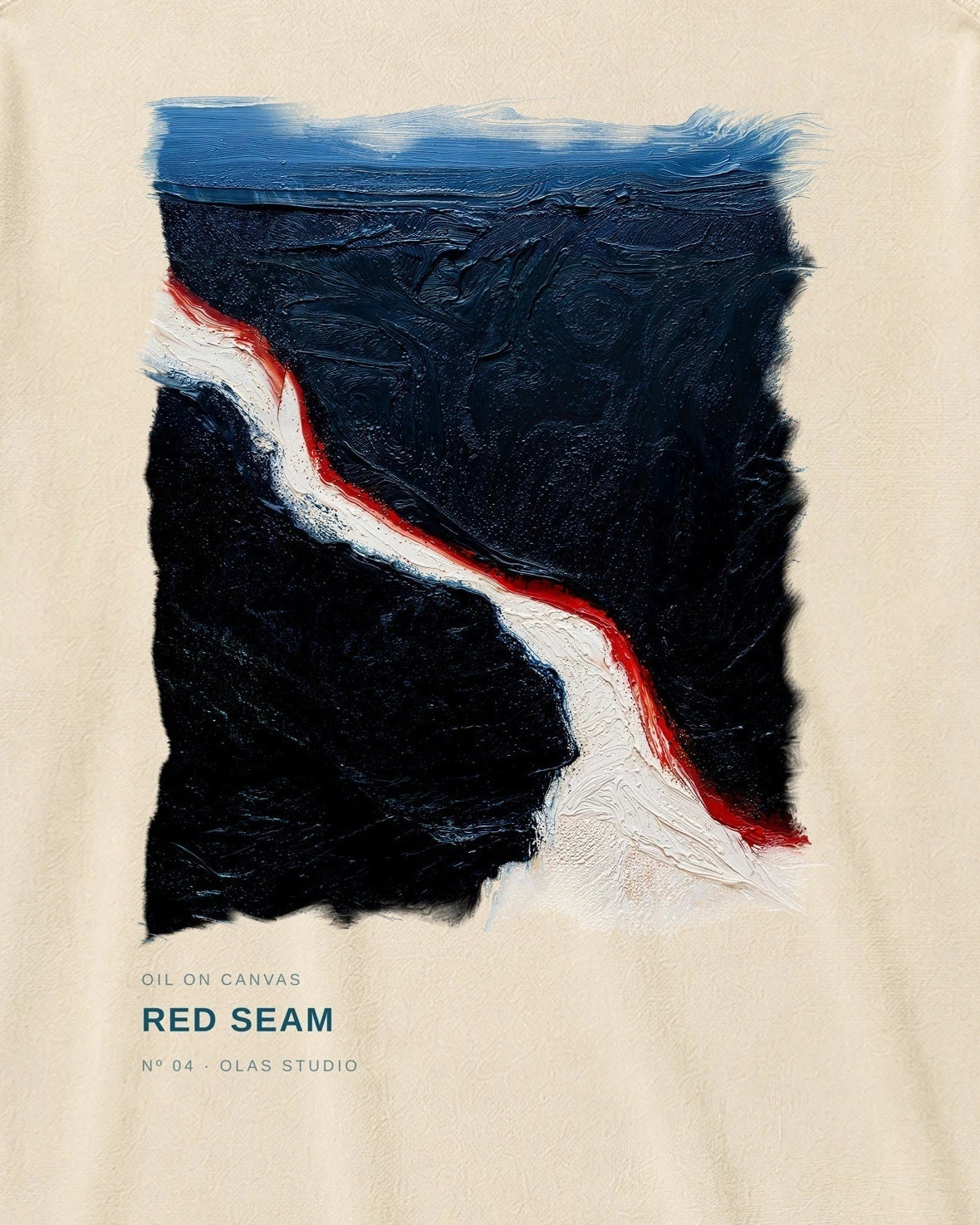 Red Seam artwork detail: a jagged white diagonal through near-black fields, edged in red beneath a blue band.