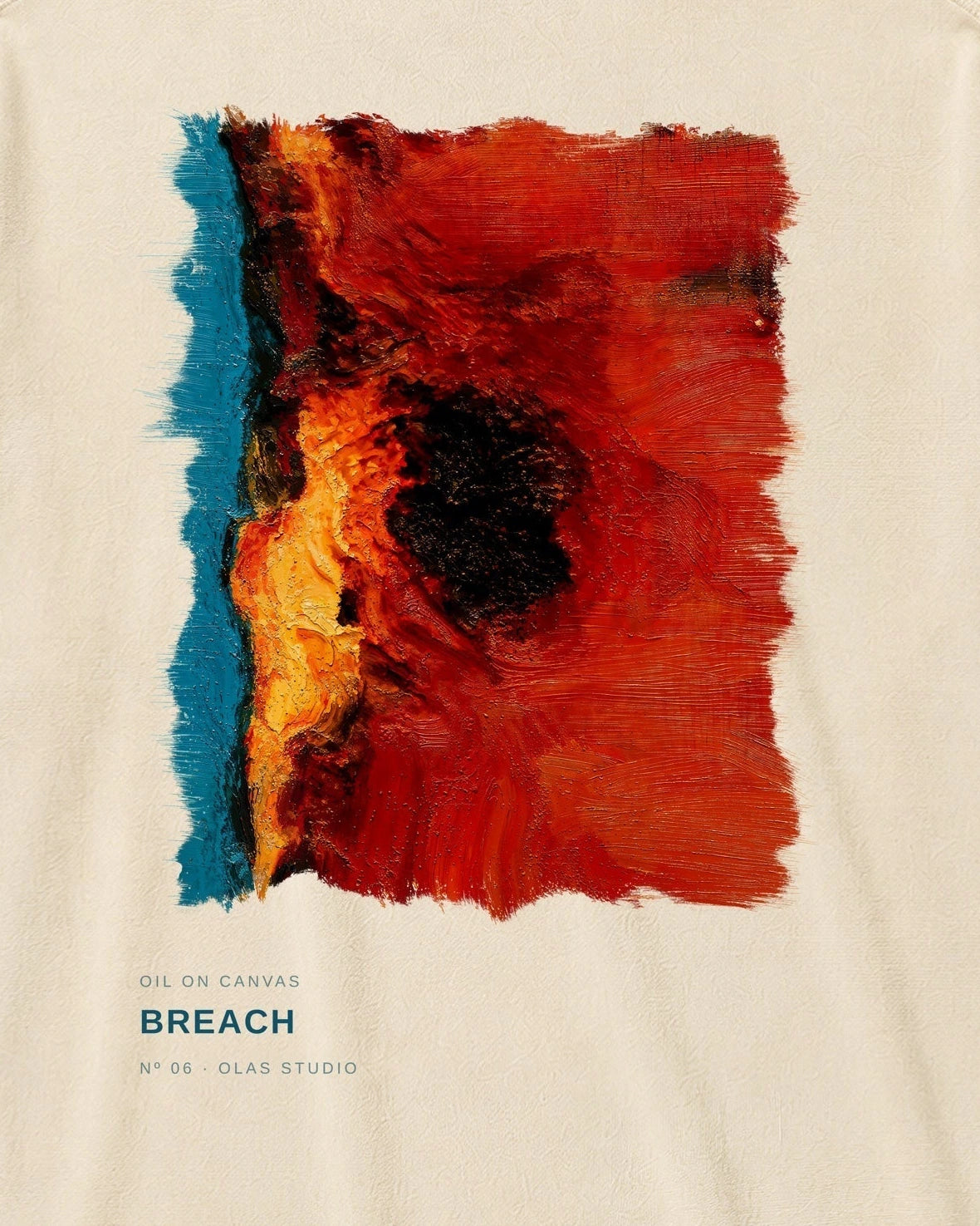 Breach artwork detail: a teal strip beside a red field, split by black and gold along a vertical break.