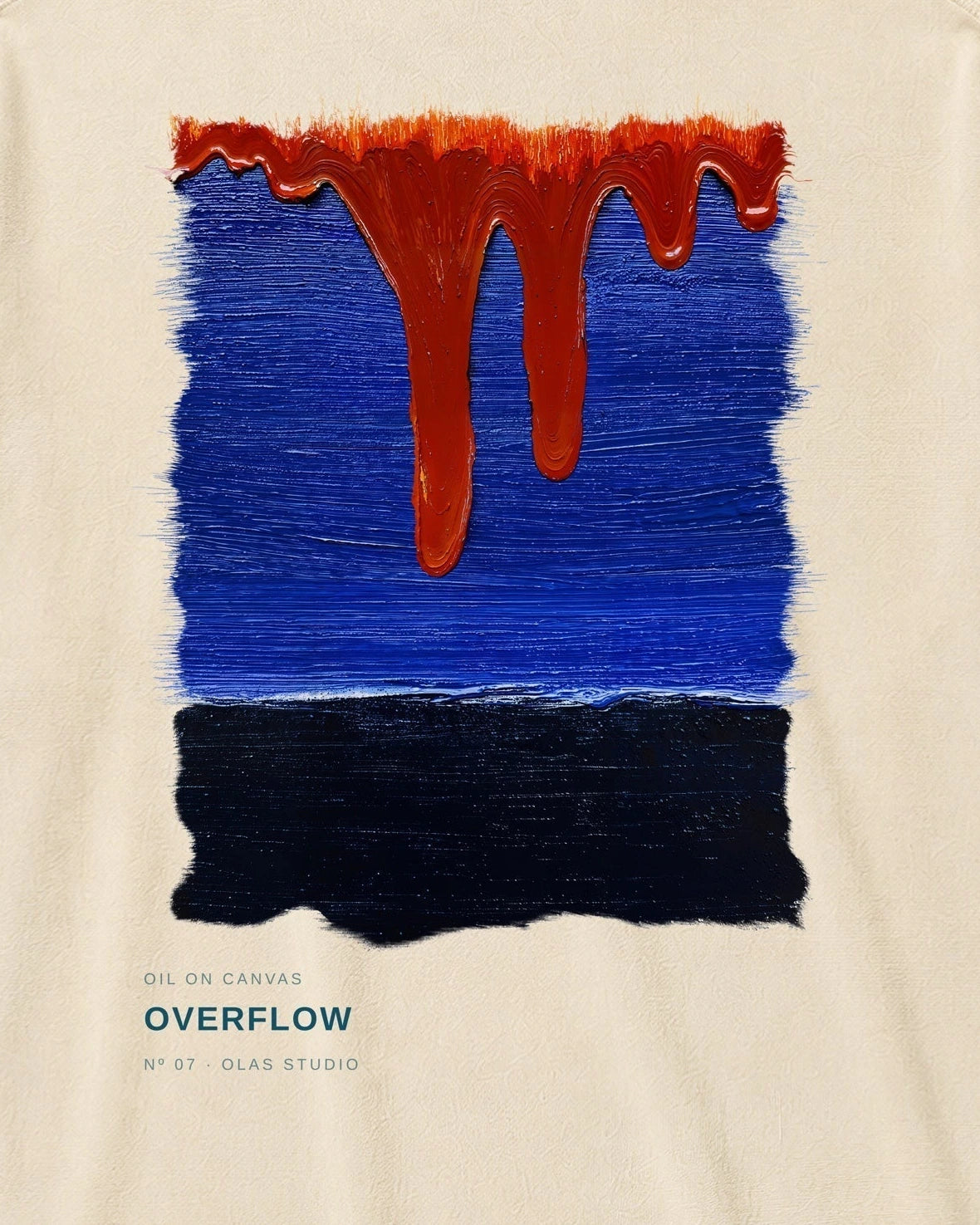 Overflow artwork detail: orange-red drips descending into cobalt blue above a near-black band.
