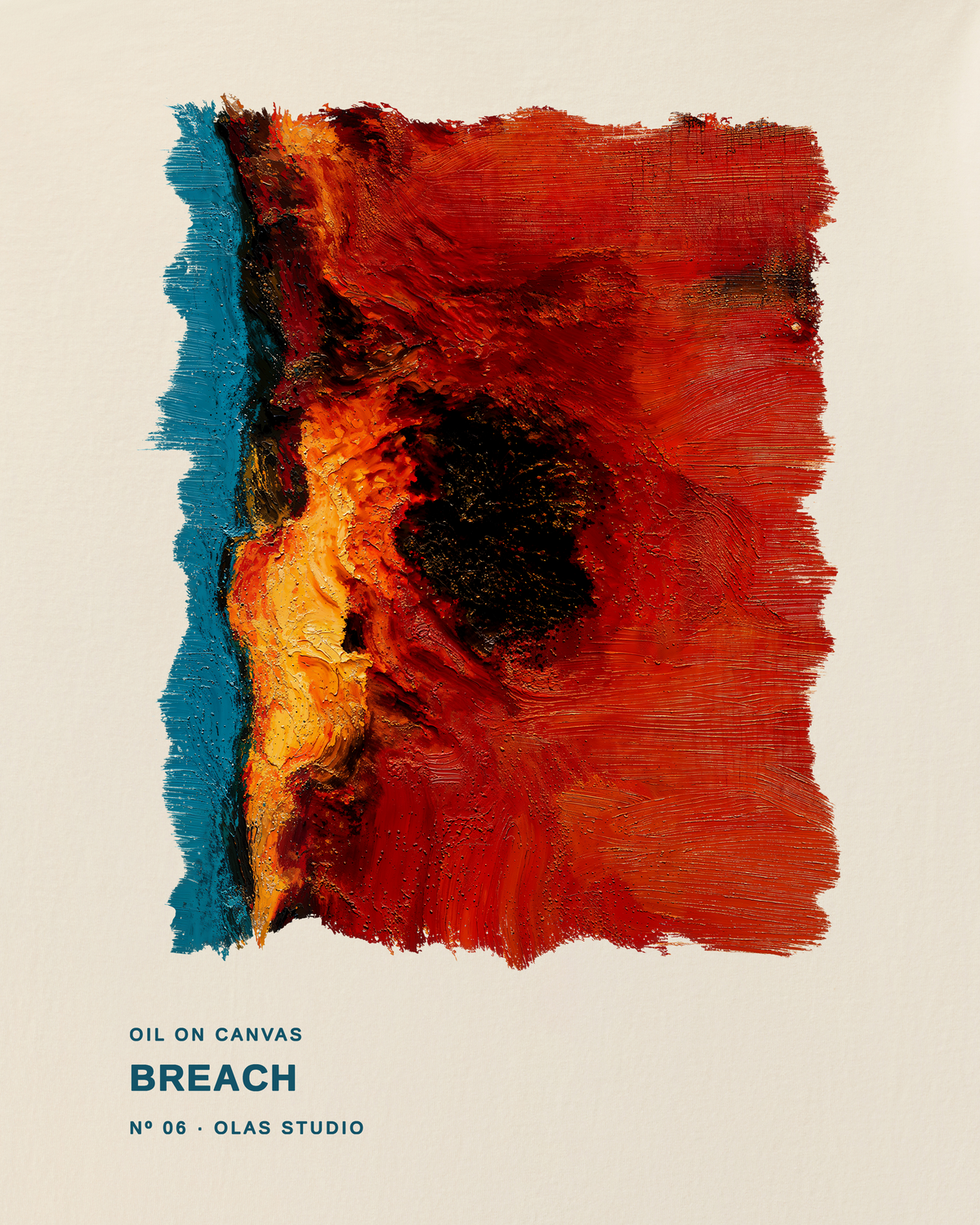 Breach artwork detail: a teal strip beside a red field, split by black and gold along a vertical break.
