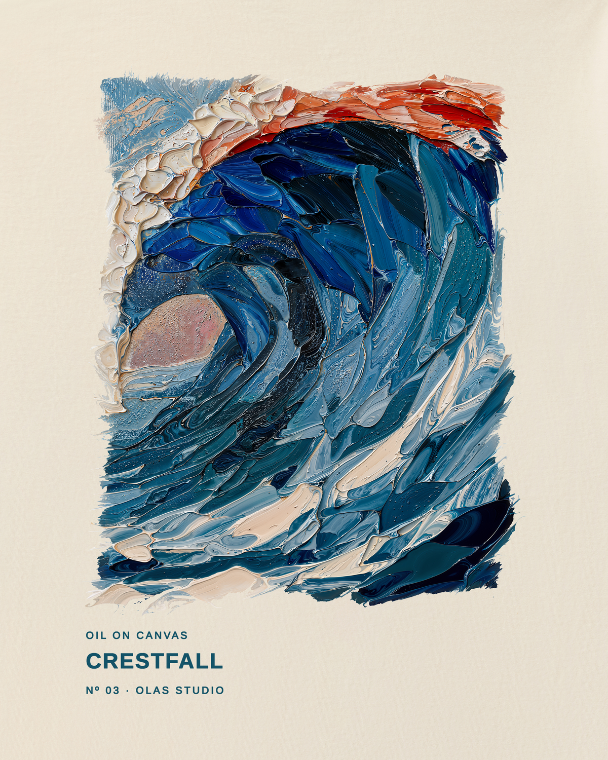 Crestfall artwork detail: a curling blue wave with a cream-white crest and a narrow red edge.
