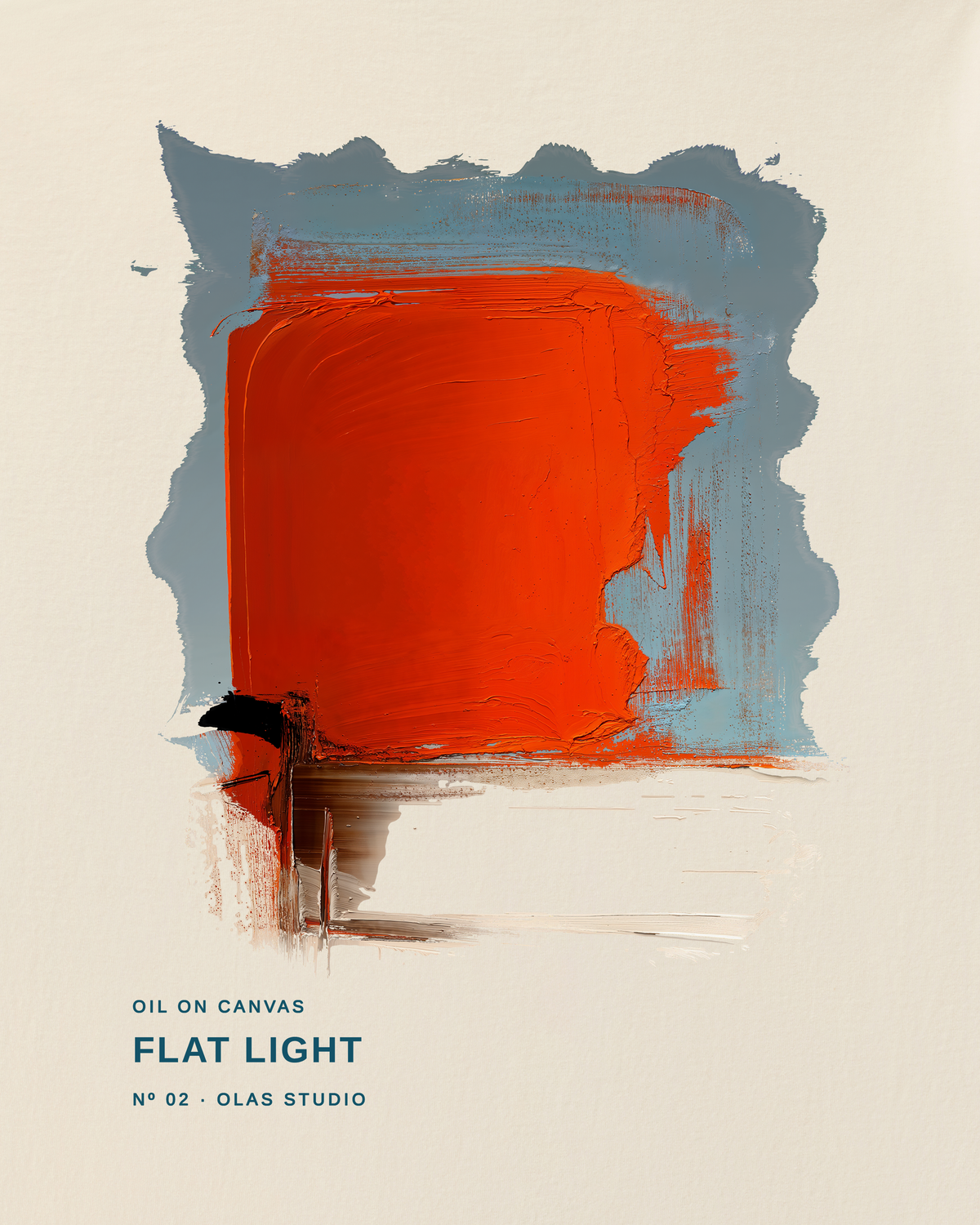 Flat Light artwork detail: a flat orange block over a pale field, framed by blue-gray strokes and a dark scraped mark.