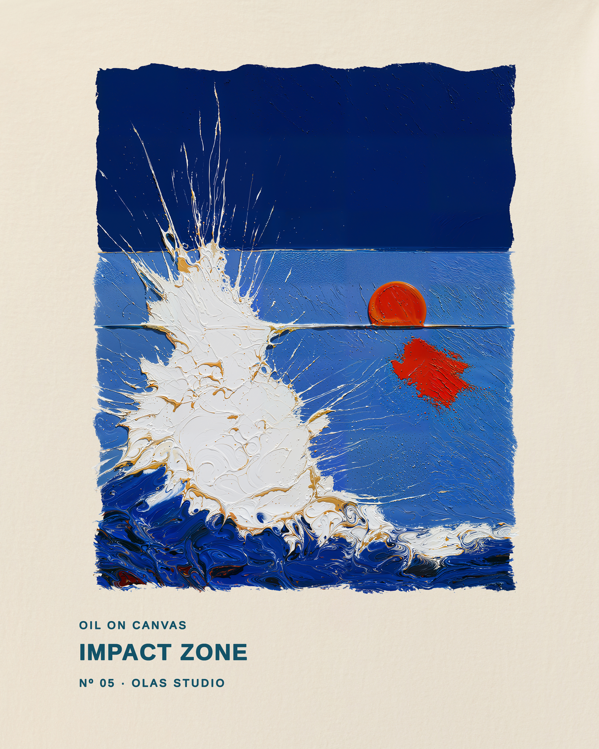 Impact Zone artwork detail: a burst of white spray against deep blue, with a small orange disc and red mark to the right.