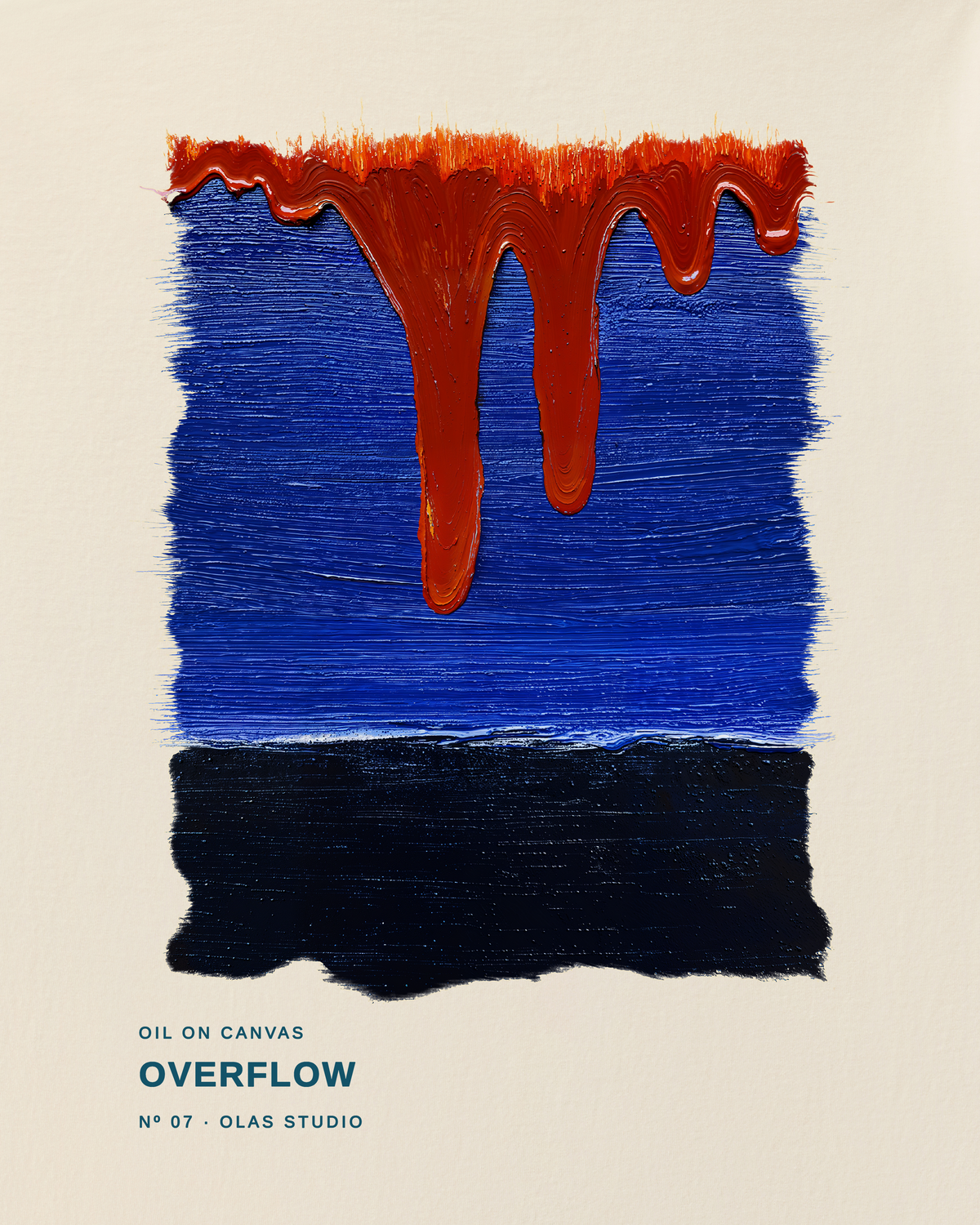 Overflow artwork detail: orange-red drips descending into cobalt blue above a near-black band.