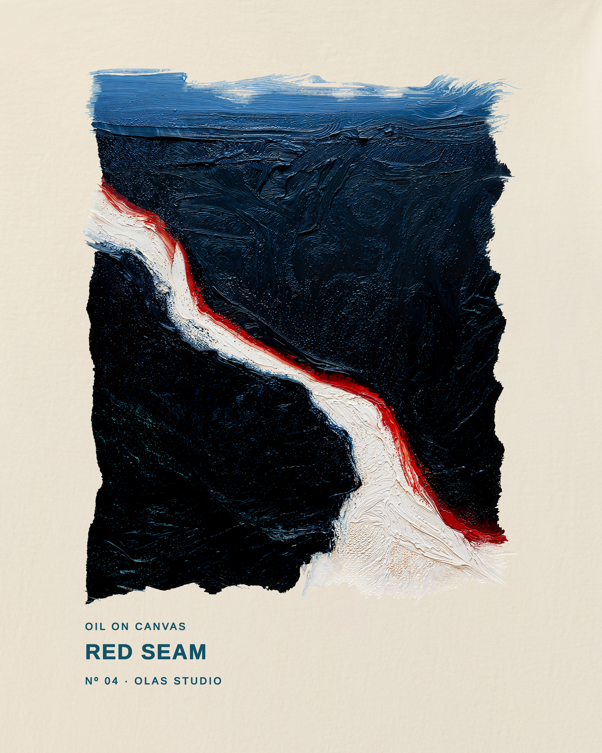 Red Seam artwork detail: a jagged white diagonal through near-black fields, edged in red beneath a blue band.