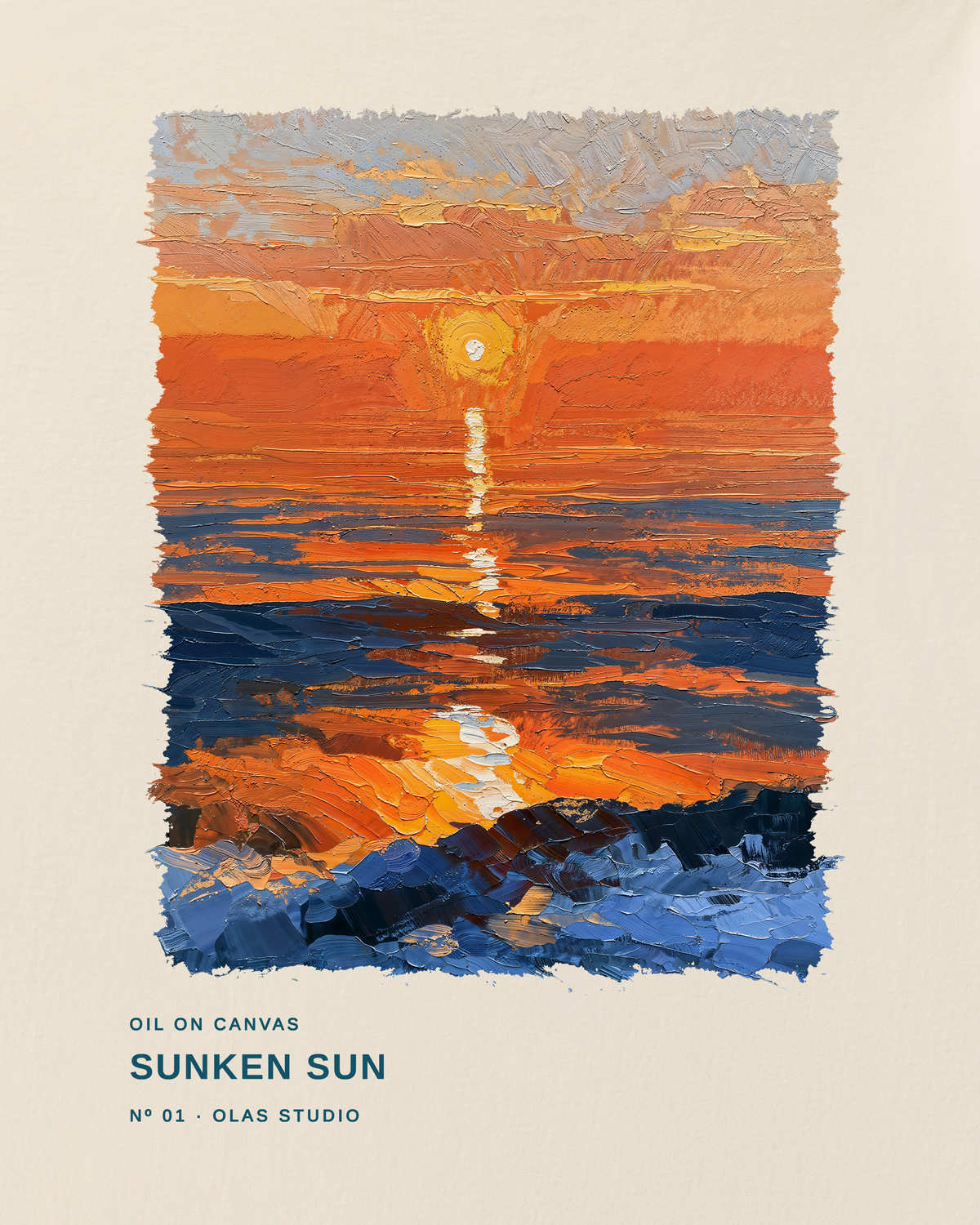 Sunken Sun artwork detail: an orange sun above layered orange and deep-blue bands, with a bright reflection reaching dark rocks.