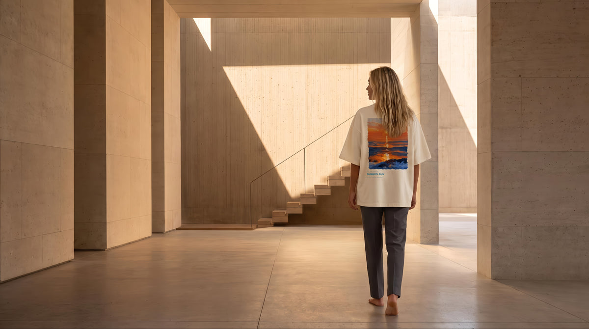 A model walking away through a limestone passage in the Sunken Sun tee
