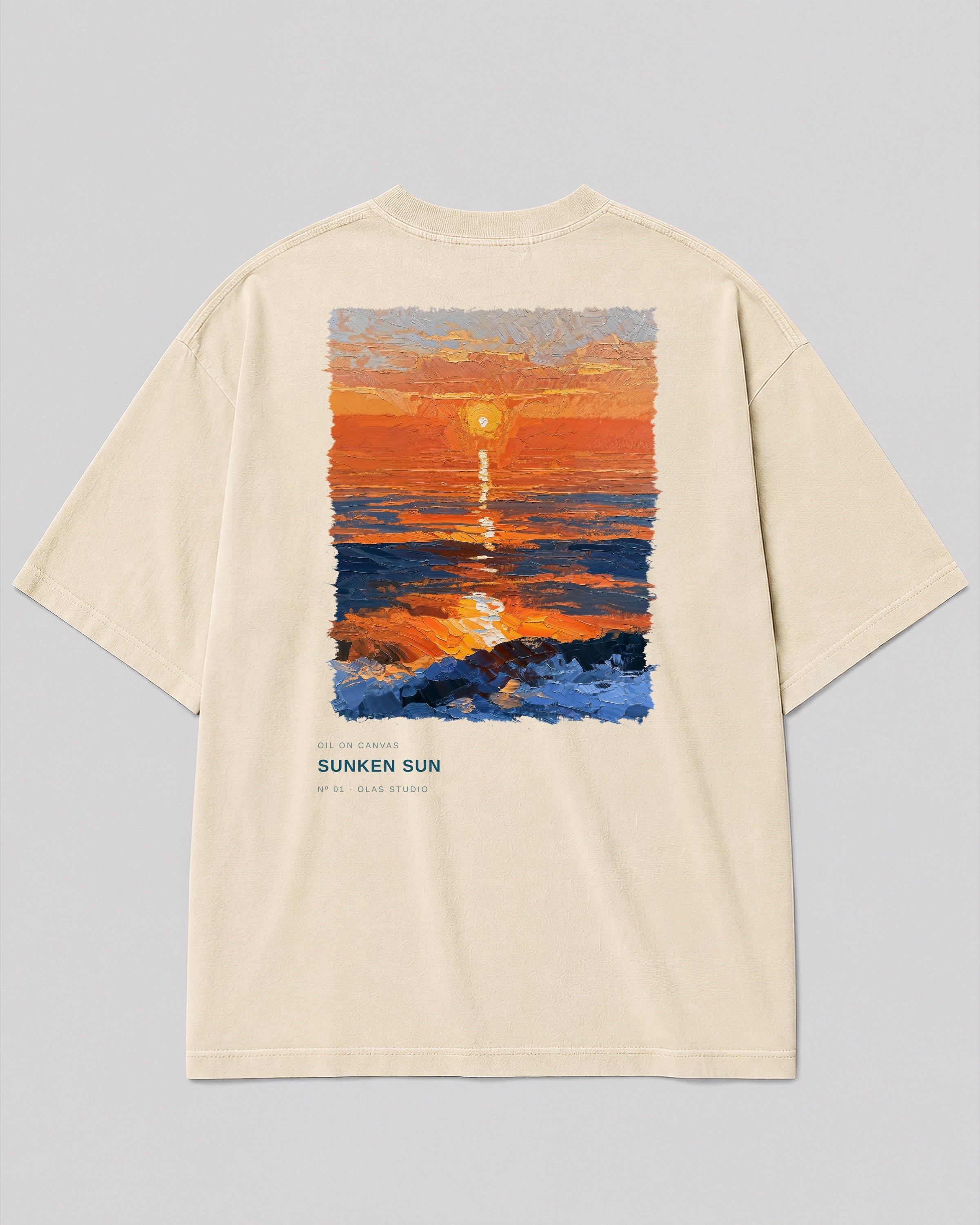 Back of a cream heavyweight Olas Studio T-shirt featuring the Sunken Sun Nº 01 artwork