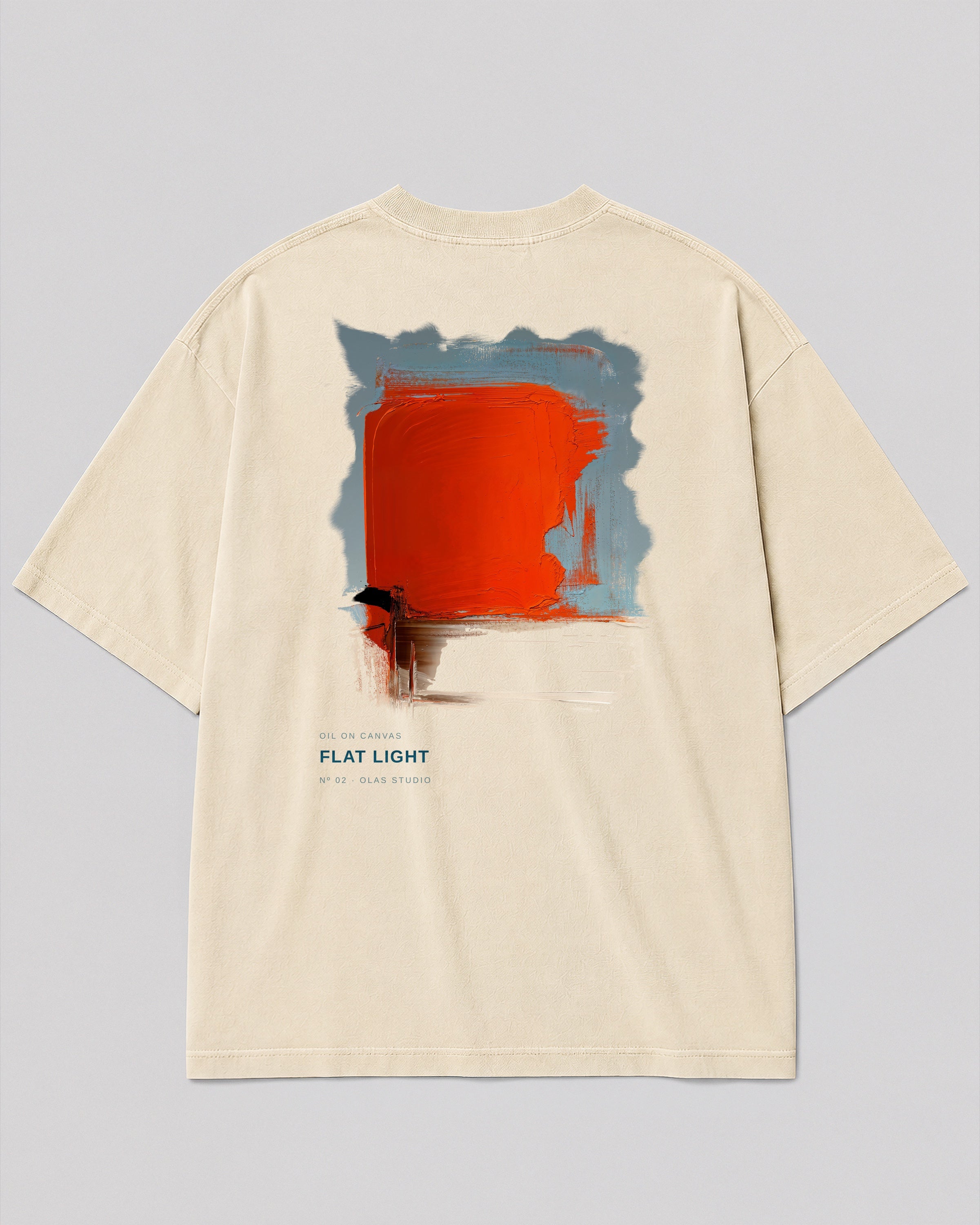 Back of a cream heavyweight Olas Studio T-shirt featuring the Flat Light Nº 02 artwork