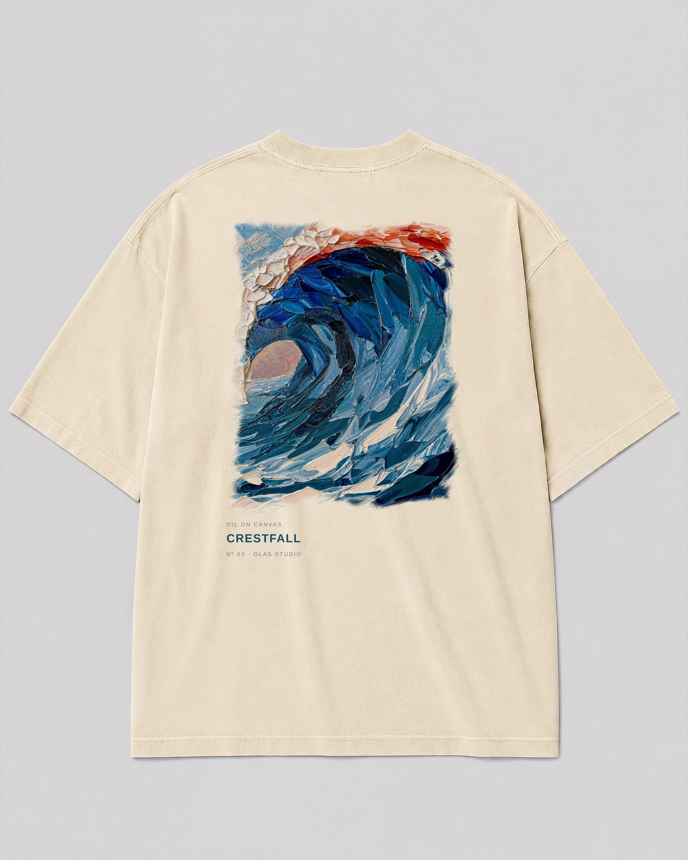 Back of a cream heavyweight Olas Studio T-shirt featuring the Crestfall Nº 03 artwork