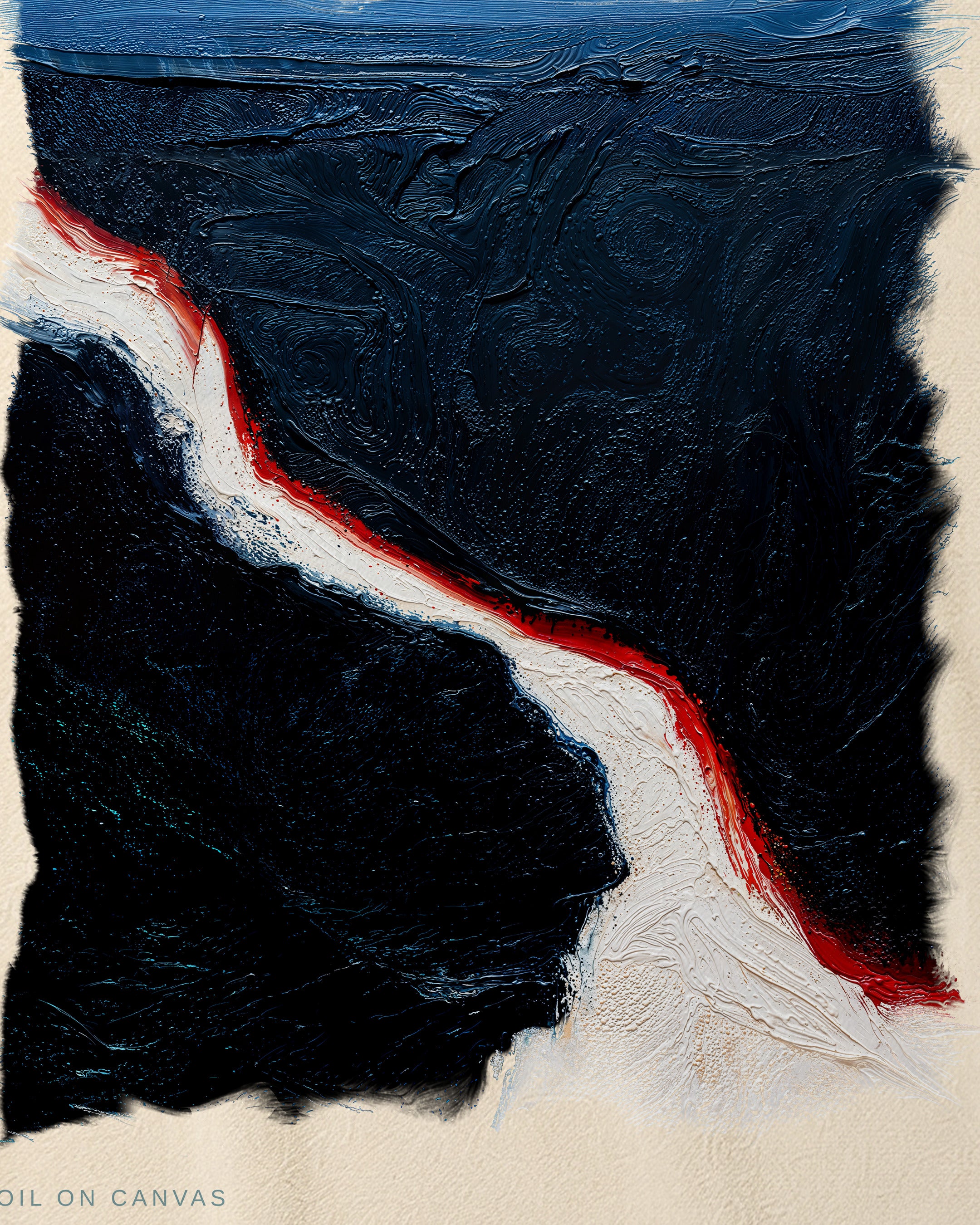 Close-up of the Red Seam Nº 04 artwork reproduction on cream heavyweight cotton