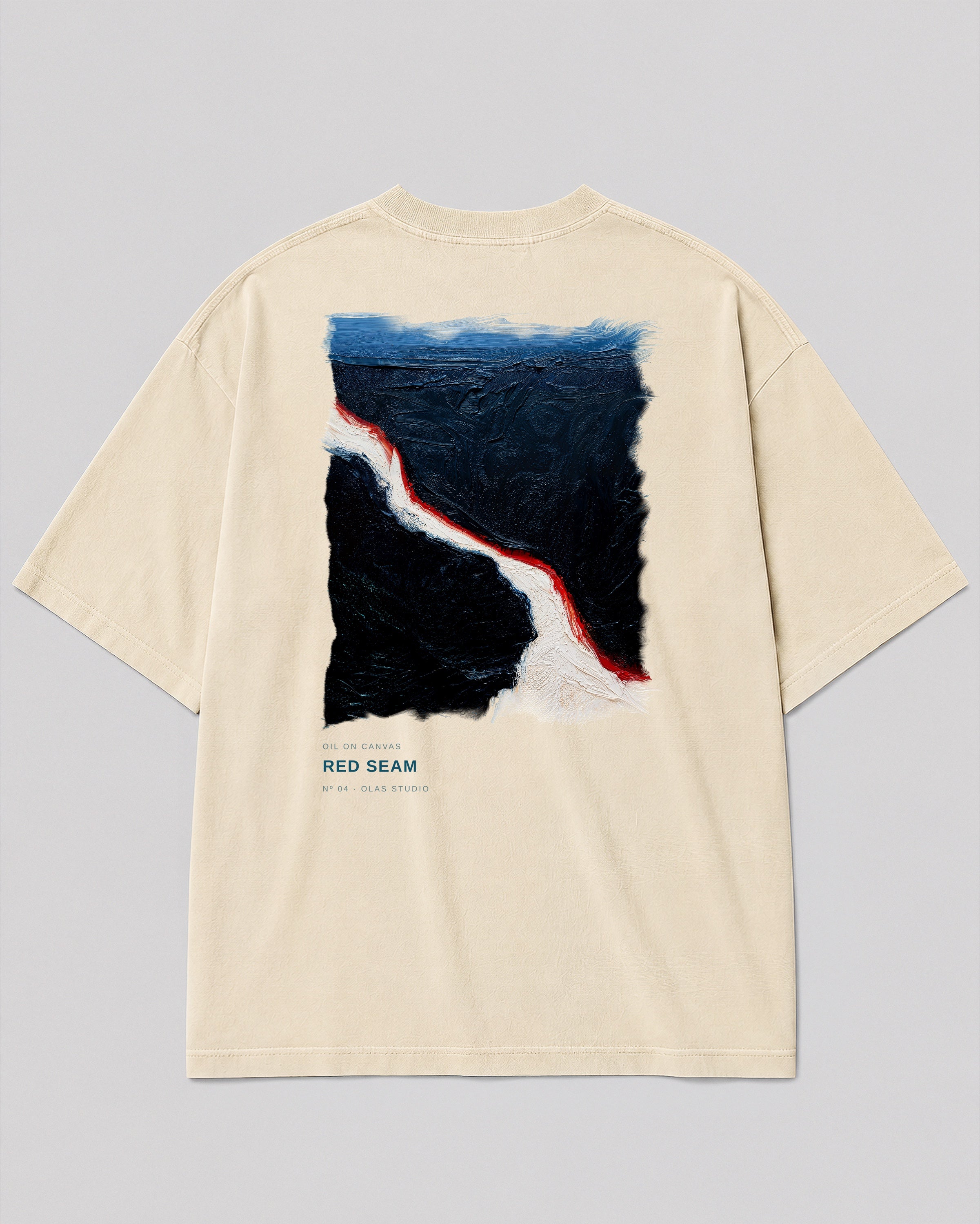 Back of a cream heavyweight Olas Studio T-shirt featuring the Red Seam Nº 04 artwork