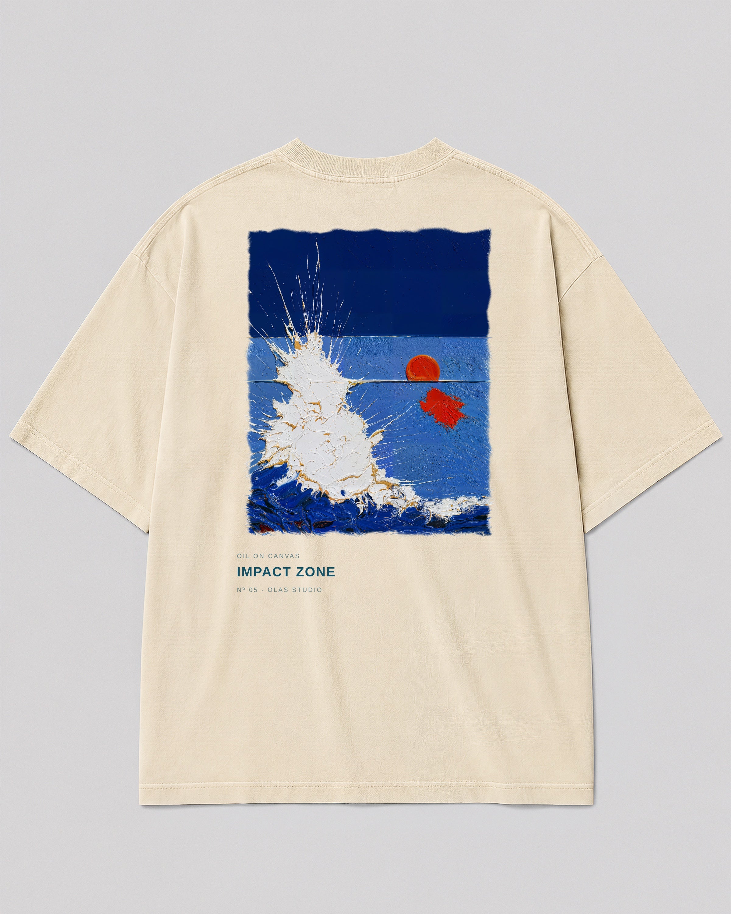 Back of a cream heavyweight Olas Studio T-shirt featuring the Impact Zone Nº 05 artwork