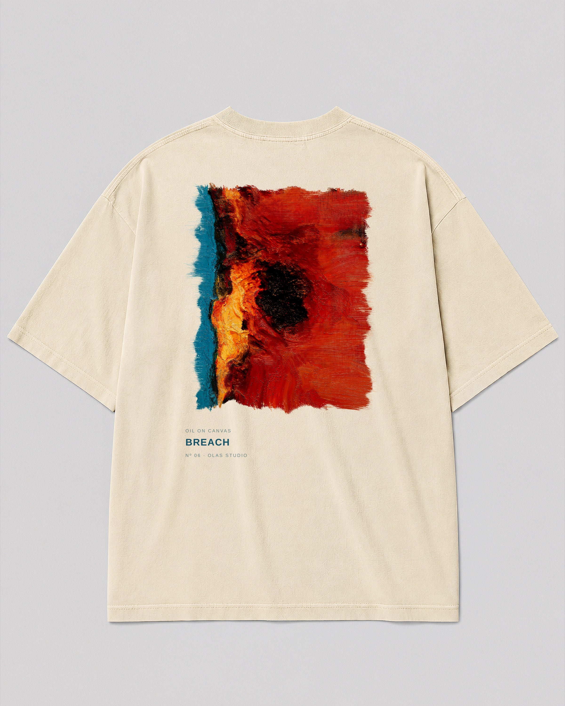 Back of a cream heavyweight Olas Studio T-shirt featuring the Breach Nº 06 artwork