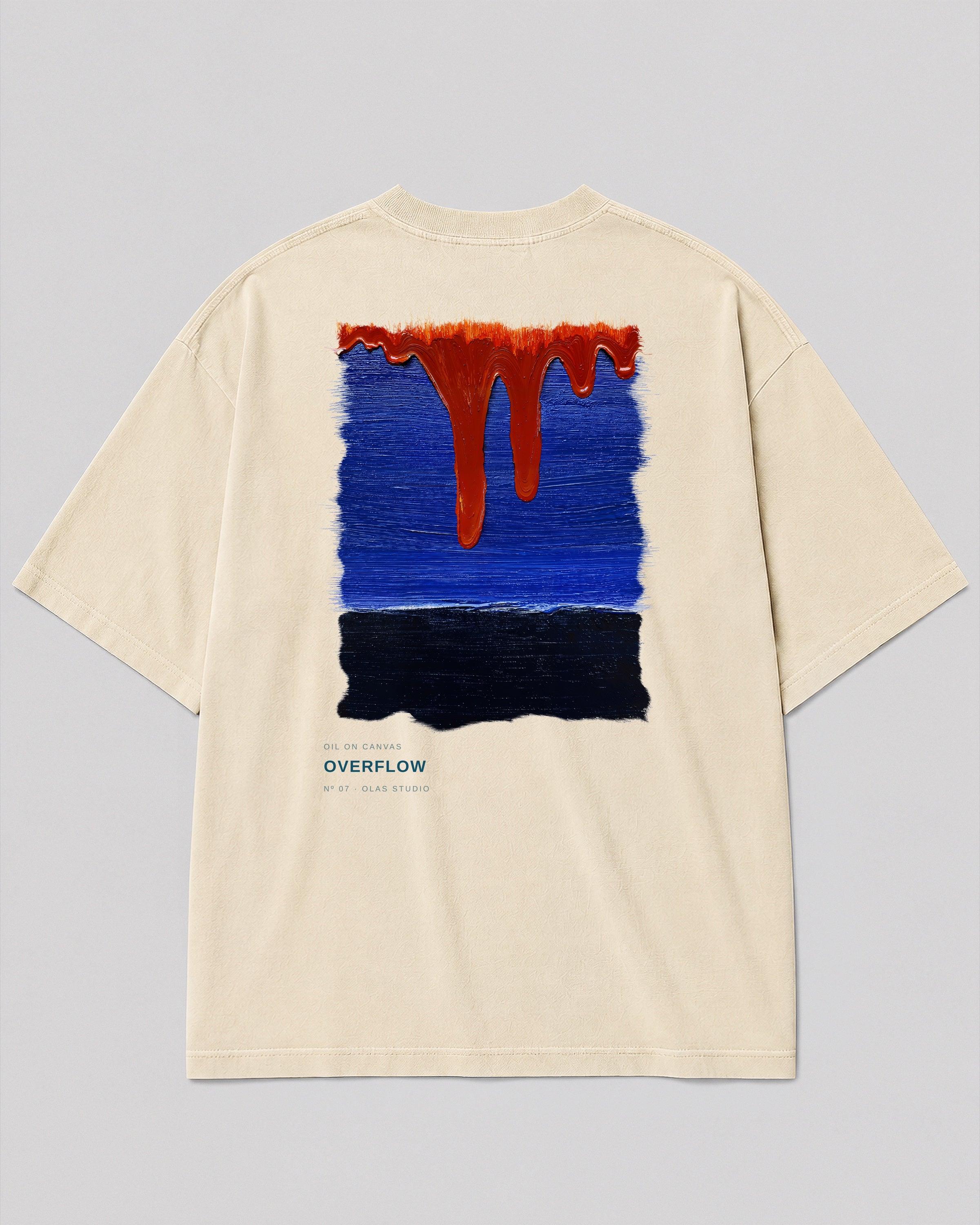 Back of a cream heavyweight Olas Studio T-shirt featuring the Overflow Nº 07 artwork