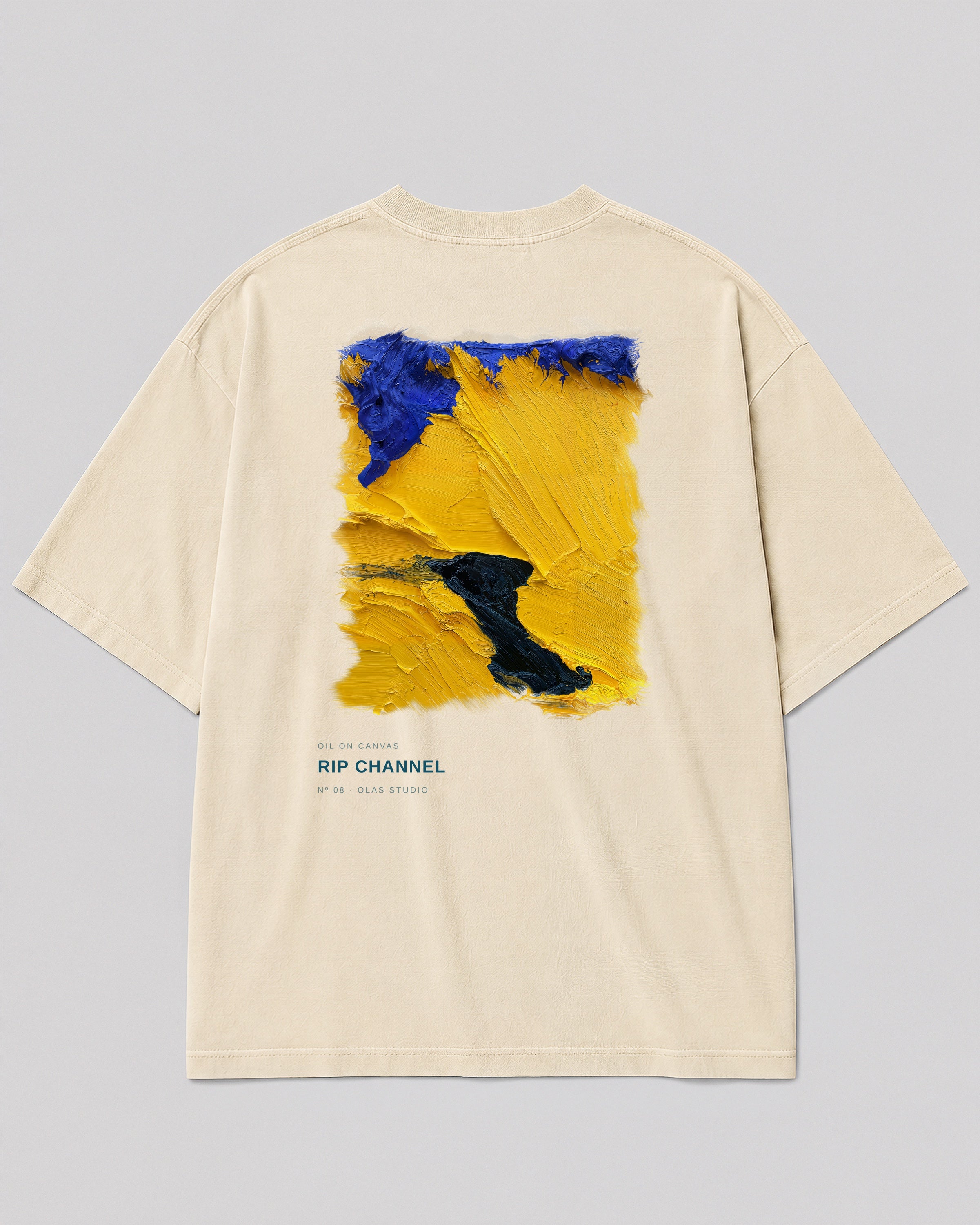 Back of a cream heavyweight Olas Studio T-shirt featuring the Rip Channel Nº 08 artwork