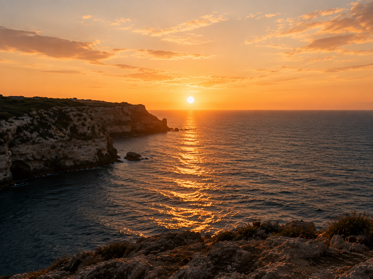 Golden-hour coastline: the sun low over open water beside rocky cliffs