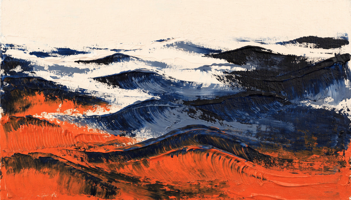 An abstract composition of open water in navy, slate and burnt orange over a cream ground