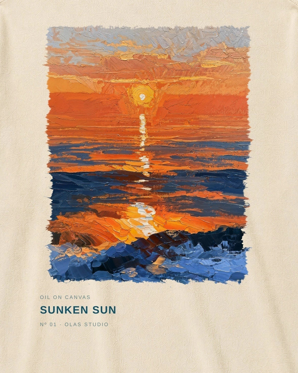 Sunken Sun artwork detail: an orange sun above layered orange and deep-blue bands, with a bright reflection reaching dark rocks.