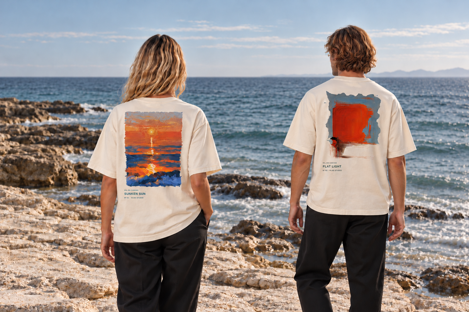 Two models viewed from behind at the coast, wearing Sunken Sun and Flat Light.